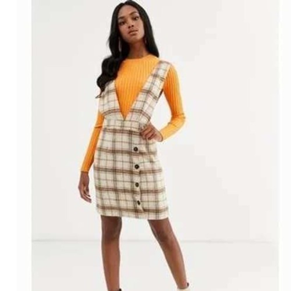 Y.A.S Cream Brown Plaid Plaid Pinafore Fleece Autumn mKnee Length Dress Size S